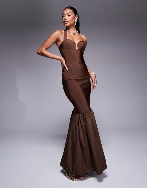 ASOS DESIGN co-ord bandage scoop detail halter neck top in chocolate - view 1