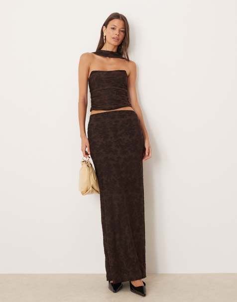 ASOS DESIGN co-ord bandeau and maxi skirt in brown burnout - view 1