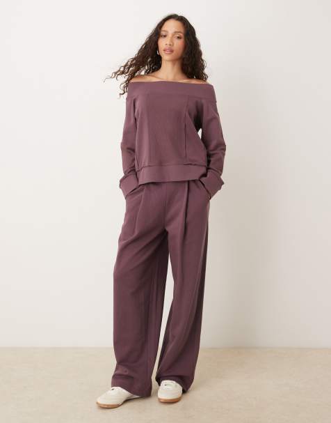 ASOS DESIGN co-ord barrel leg jogger with waffle panel detail in plum - view 1