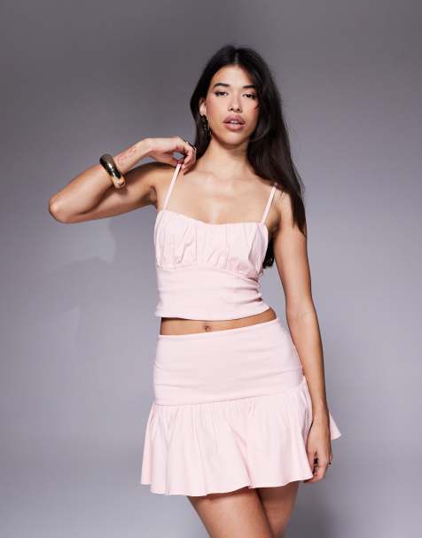 ASOS DESIGN co-ord bengaline corset cami top with ruched bust detail in baby pink