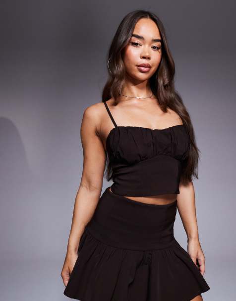 ASOS DESIGN co-ord bengaline corset cami top with ruched bust detail in chocolate