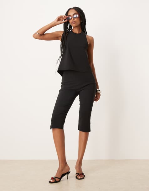 ASOS DESIGN co-ord bengaline halter with tie back detail in black - view 1