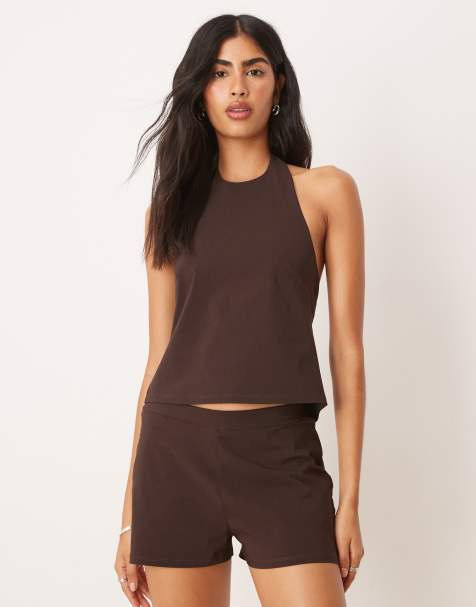 ASOS DESIGN co-ord bengaline halter with tie back detail in brown - view 1