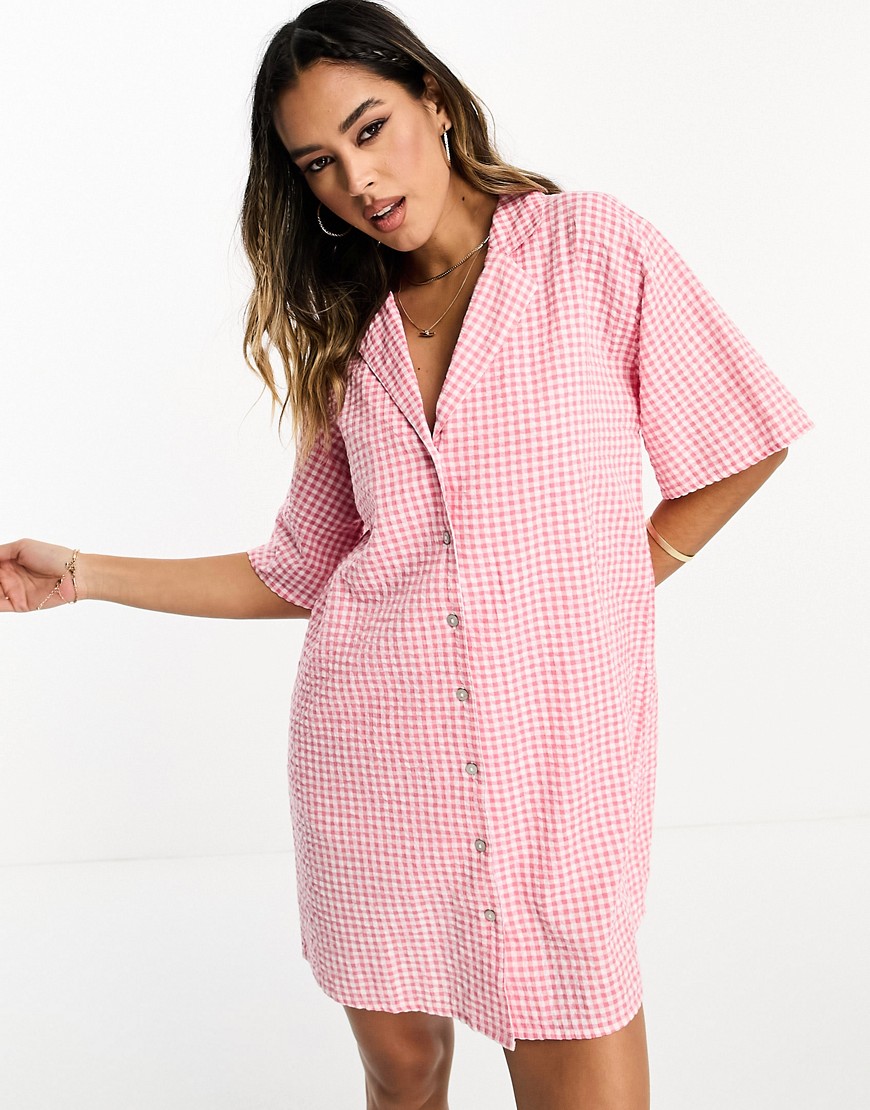 ASOS DESIGN co-ord bowling shirt mini dress in pink gingham seersucker-Multi