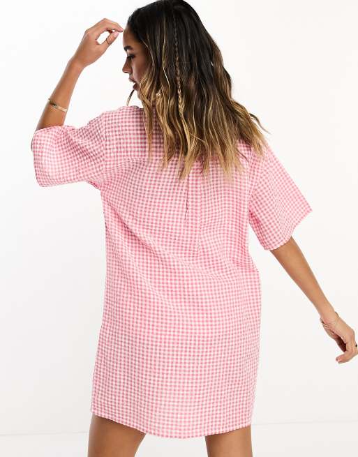 ASOS DESIGN co ord bowling shirt mini dress in pink gingham seersucker