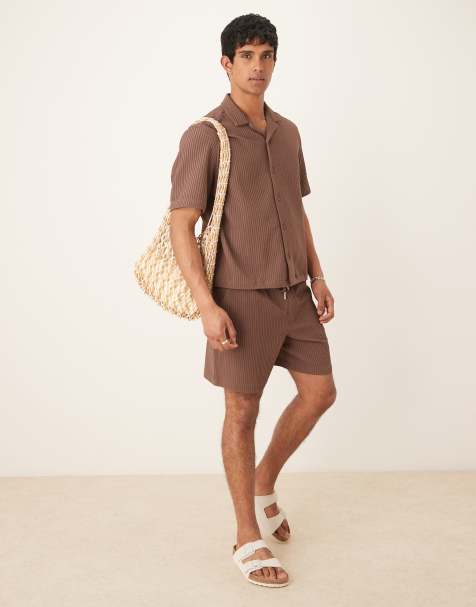 ASOS DESIGN co-ord boxy loose fit plisse shirt in brown - view 1