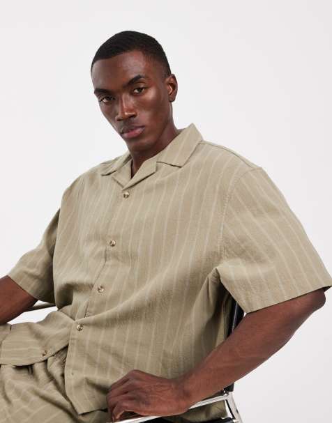 ASOS DESIGN co-ord boxy oversized linen look stripe shirt in khaki - view 1