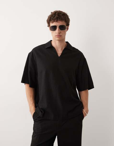 ASOS DESIGN co-ord boxy oversized overhead linen blend shirt in black - view 1