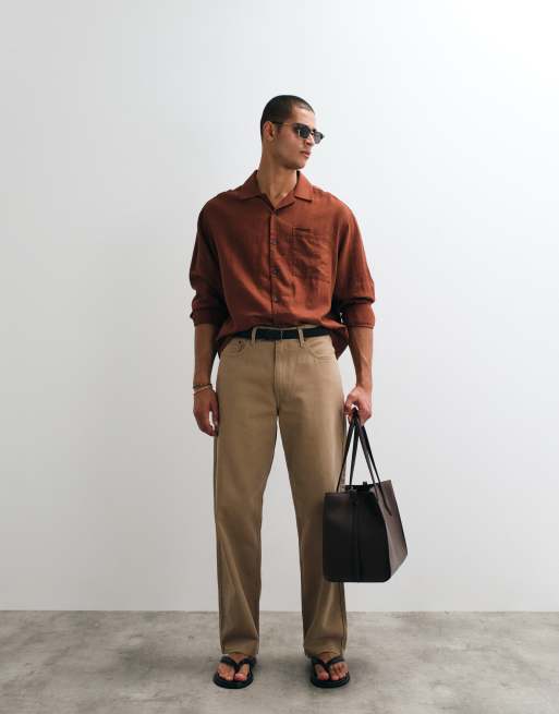 ASOS DESIGN co-ord boxy oversized revere linen blend shirt in brown, 4 of 5