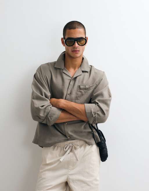 ASOS DESIGN co-ord boxy oversized revere linen blend shirt in light brown, 5 of 5
