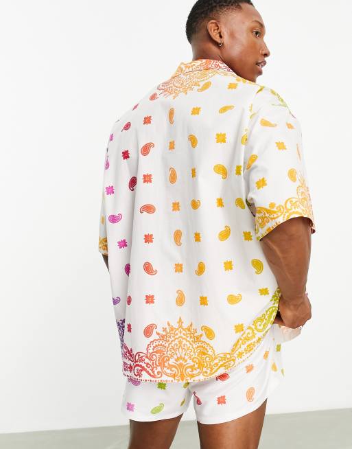 ASOS DESIGN co ord boxy oversized revere shirt with rainbow placement bandana print