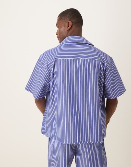 ASOS DESIGN co-ord boxy oversized revere stripe shirt in blue 
