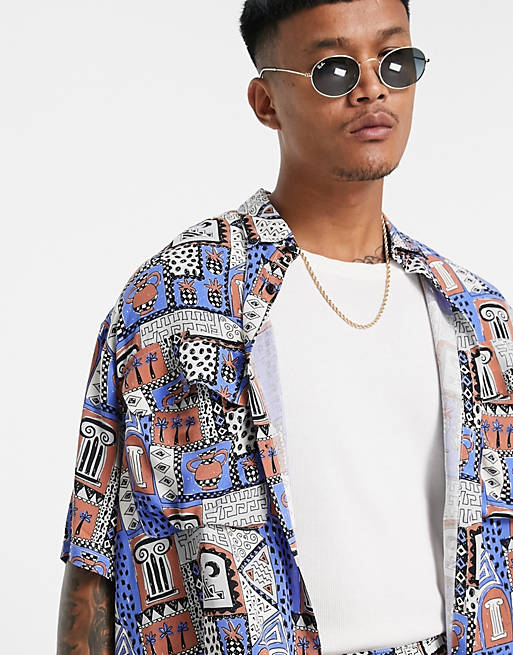 Men Co-ord boxy oversized shirt in all over vintage print 