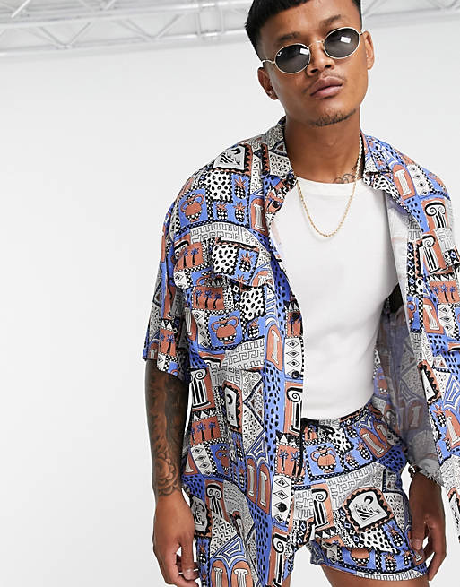 Men Co-ord boxy oversized shirt in all over vintage print 