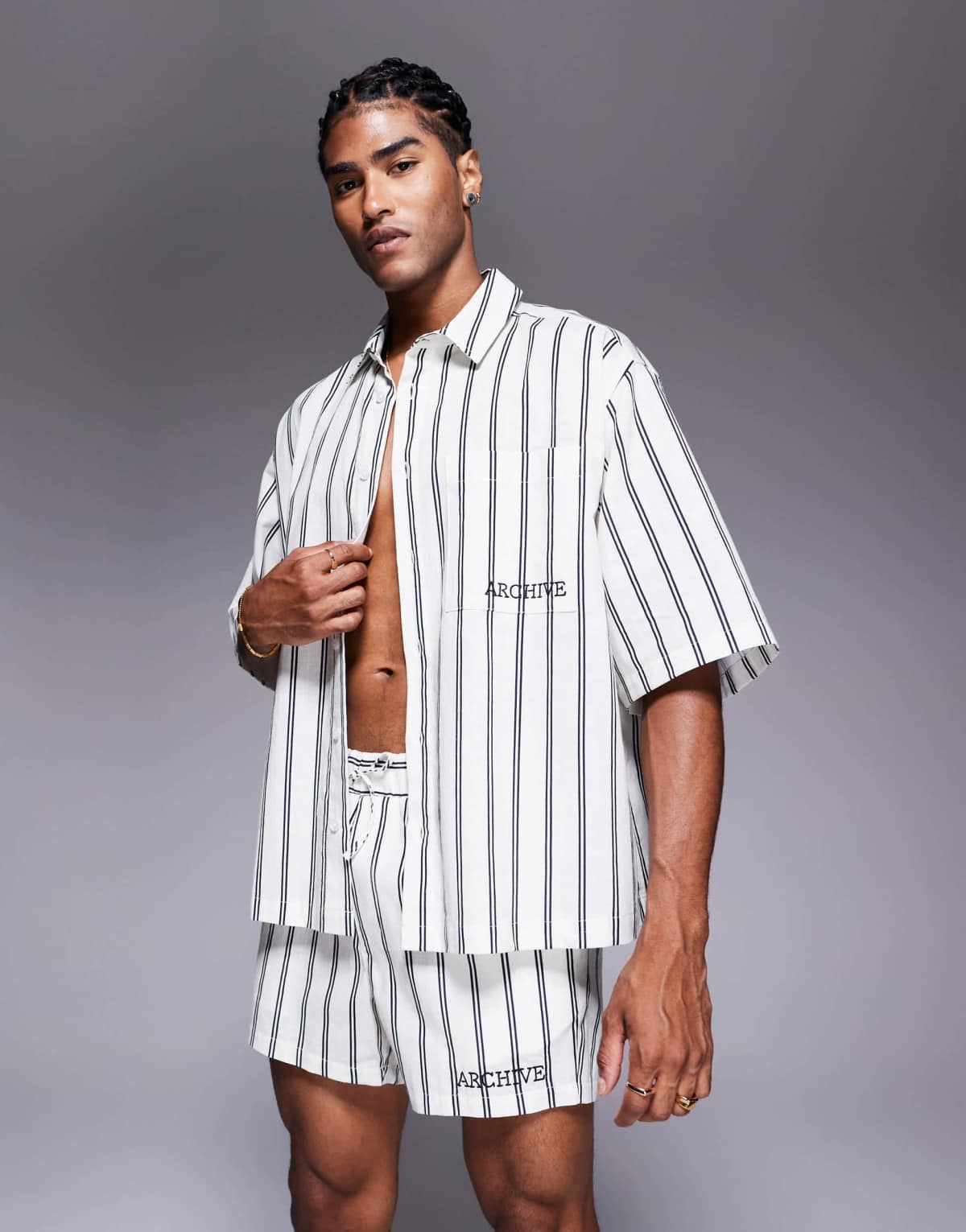 ASOS DESIGN co-ord boxy oversized stripe shirt with chest embroidery in white