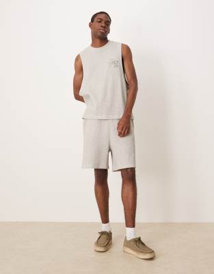 ASOS DESIGN co-ord boxy relaxed tank with chest embroidery & shorts in beige waffle - view 1