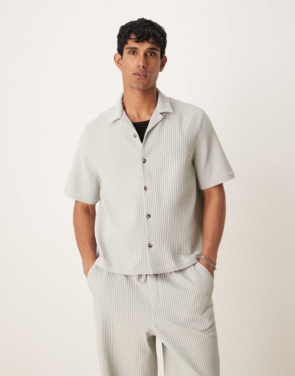 ASOS DESIGN co-ord boxy revere plisse shirt in grey