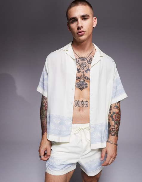 ASOS DESIGN co-ord boxy shirt with border print in cream