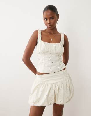 ASOS DESIGN co-ord broderie milkmaid top with gathered bust in cream