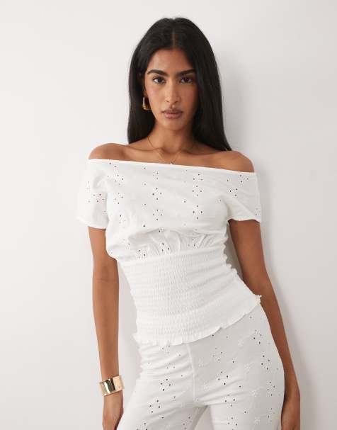 ASOS DESIGN co-ord broderie shirred off shoulder top in white - view 1