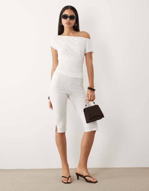 ASOS DESIGN co-ord broderie shirred off shoulder top in white, 2 of 4