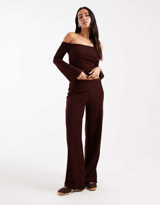 ASOS DESIGN co-ord brushed rib bardot top with flare sleeves in brown, 2 of 4