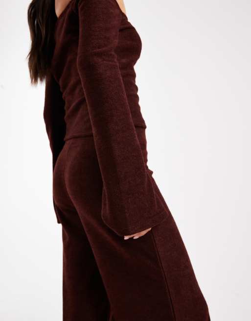 ASOS DESIGN co-ord brushed rib bardot top with flare sleeves in brown, 3 of 4