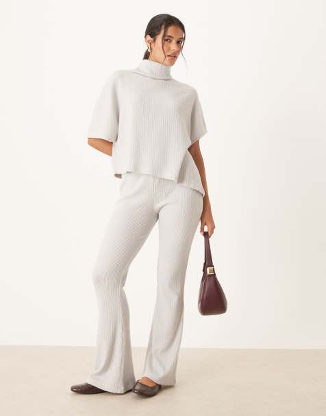 ASOS DESIGN co-ord brushed rib flared trouser in grey - view 1