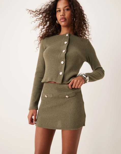 ASOS DESIGN co-ord brushed rib long sleeve cardigan with gold buttons and mini skirt in khaki - view 1