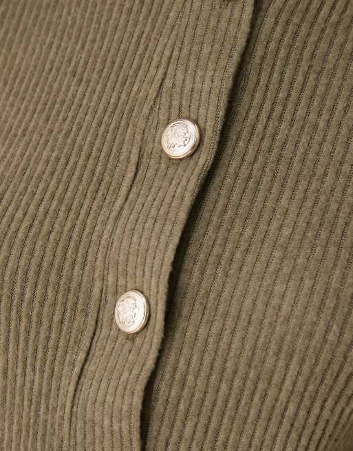 ASOS DESIGN co-ord brushed rib long sleeve cardigan with gold buttons in khaki, 4 of 4