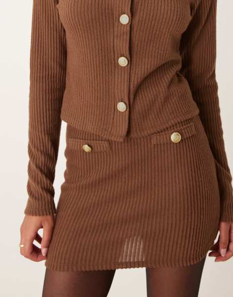 ASOS DESIGN co-ord brushed rib mini skirt in chocolate - view 1
