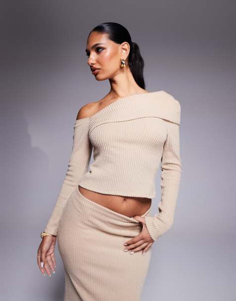 ASOS DESIGN co-ord brushed rib one shoulder long sleeve top in stone - view 1