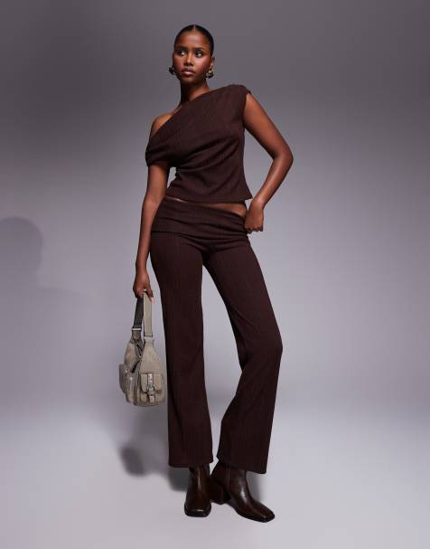 ASOS DESIGN co-ord brushed rib straight leg trousers with foldover waist in chocolate - view 1