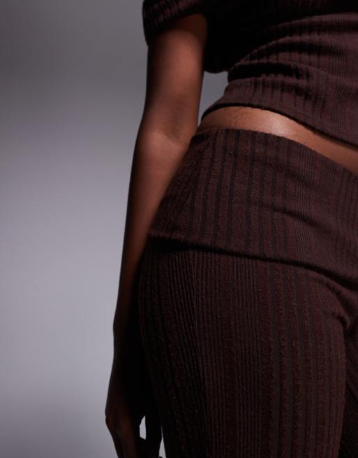 ASOS DESIGN co-ord brushed rib straight leg trousers with foldover waist in chocolate, 2 of 5