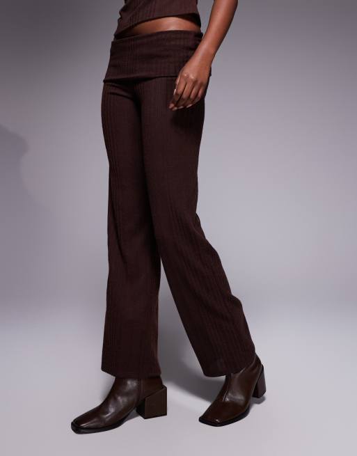 ASOS DESIGN co-ord brushed rib straight leg trousers with foldover waist in chocolate, 3 of 5