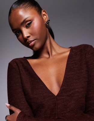 Asos Design Co-ord Brushed Rib V Front Crop Top With Flare Sleeve In Brown In Brown