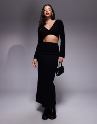 Asos Design Co-ord Brushed Rib V Front Crop Top With Flare Sleeve In Black In Black