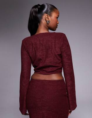 Asos Design Co-ord Brushed Rib V Front Crop Top With Flare Sleeve In Burgundy-red In Red