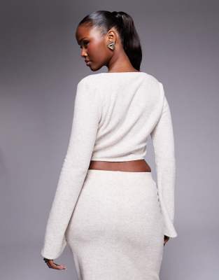 Asos Design Co-ord Brushed Rib V Front Crop Top With Flare Sleeve In Oatmeal-neutral In White