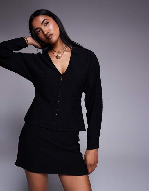 ASOS DESIGN co-ord bubble rib long sleeve top with hook and eye in black