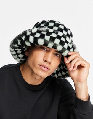 ASOS DESIGN co-ord bucket hat in faux fur with 90's checkerboard design in black and green