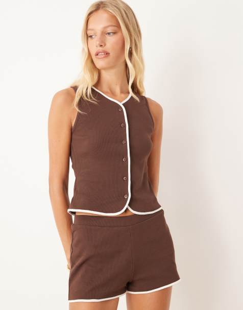 ASOS DESIGN co-ord button up top with contrast piping in brown - view 1