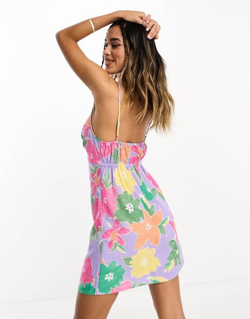 ASOS DESIGN Co ord cami bow bust mini dress in purple floral print, 2 of 4