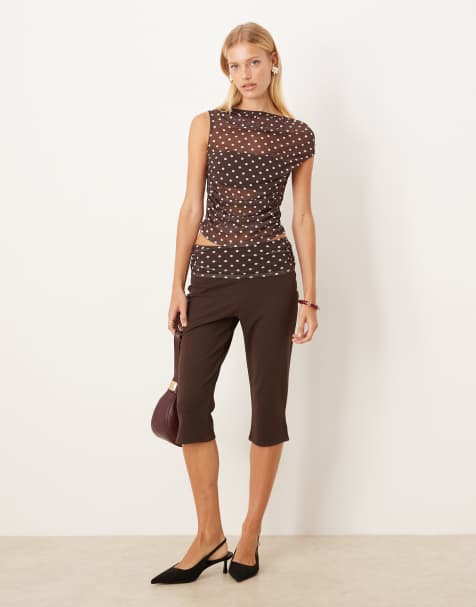 ASOS DESIGN co-ord capri trousers with mesh detail in brown polka dot - view 1