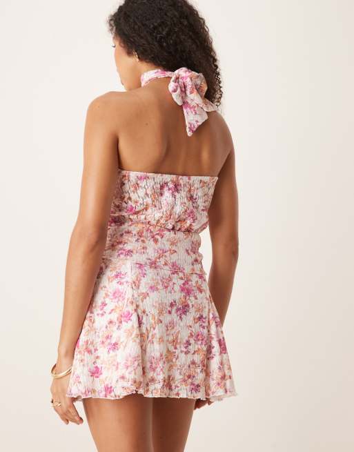 ASOS DESIGN co-ord cinch waist tie back halter top in printed floral lace , 2 of 4