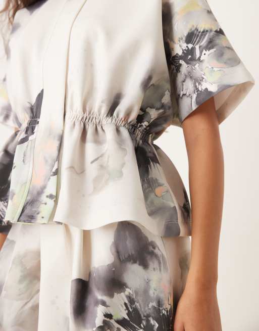 ASOS DESIGN co-ord cinched waist top in scuba-style fabric with all over floral design - MULTI, 4 of 4