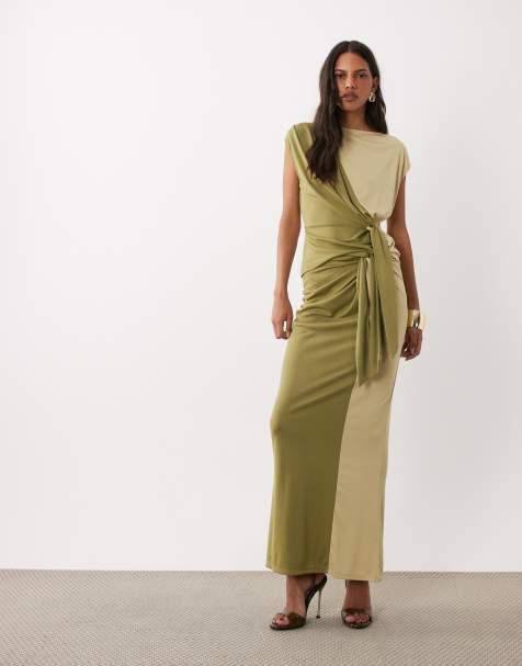 ASOS DESIGN co-ord colour block sarong skirt with drape tie front in khaki - view 1