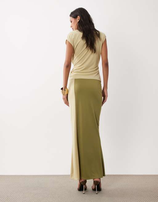 ASOS DESIGN co-ord colour block sarong skirt with drape tie front in khaki, 5 of 5