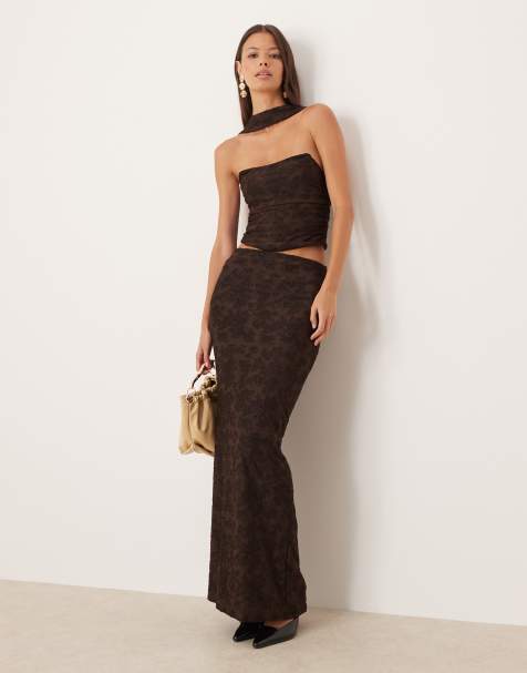 ASOS DESIGN co-ord column maxi skirt in brown burnout - view 1