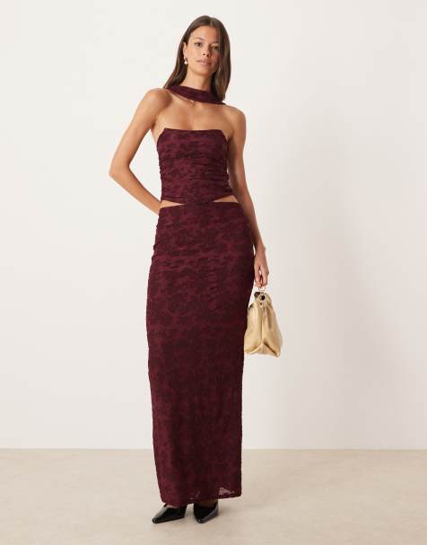 ASOS DESIGN co-ord column maxi skirt in wine burnout - view 1